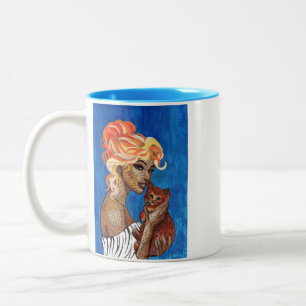 Whimsische Vintage-Zeitungskollage Mädchen Katze L Zweifarbige Tasse