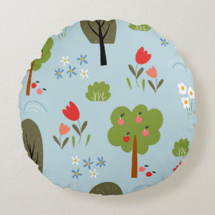Whimsische Volkskunst Botanisches Nahtloses Muster Rundes Kissen