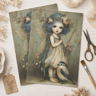 Whimsische Waldfee- und Zaunkönig-Porträtkunst Seidenpapier