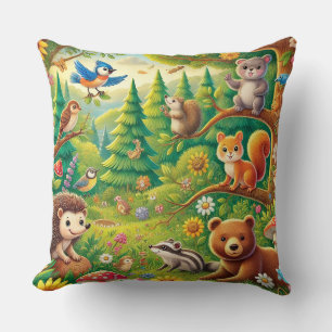 Whimsische Waldszene mit niedlichen Tieren Kissen