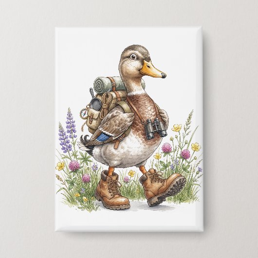Whimsische Wandervogel-Illustration mit Rucksack Button (Vorderseite)