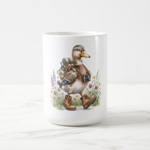 Whimsische Wandervogel-Illustration mit Rucksack Kaffeetasse