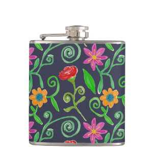 Whimsische Wasserfarbe Floral Navy Blau Flachmann