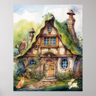 Whimsische Wasserfarben-Fantasie-Cottage-Tiere Kin Poster