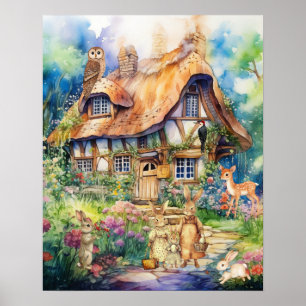 Whimsische Wasserfarben-Fantasie-Cottage-Tiere Kin Poster