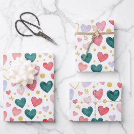 Whimsische Wasserfarben-Herzen & goldener Glanz Geschenkpapier Set
