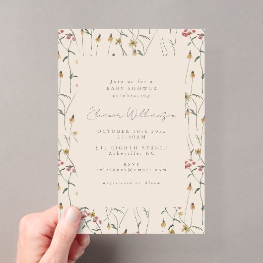 Whimsische Wildblumen-Blumen-Boho-Baby-Party Acryleinladungen (Insitu (Handheld))