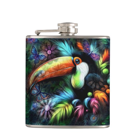 Whimsischer Abstrakt Toucan Bird Toucans Aquamarin Flachmann (Vorderseite)