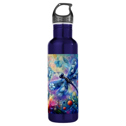 Whimsischer Abstrakter Libellenfliege Aquamarin Bl Edelstahlflasche (Vorderseite)
