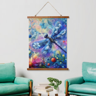Whimsischer Abstrakter Libellenfliege Aquamarin Bl Wandteppich Mit Holzrahmen