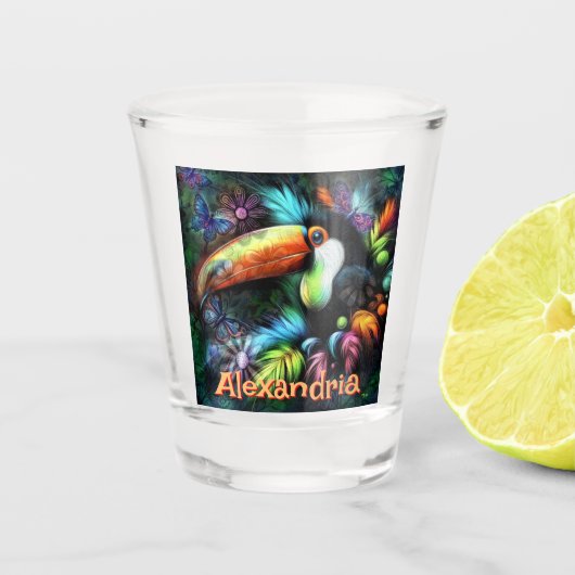 Whimsischer abstrakter Tukane-Vogel personalisiert Schnapsglas (Vorderseite)