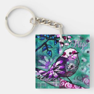 Whimsischer Abstrakter Vogel Aquamarine Lila Blüte Schlüsselanhänger