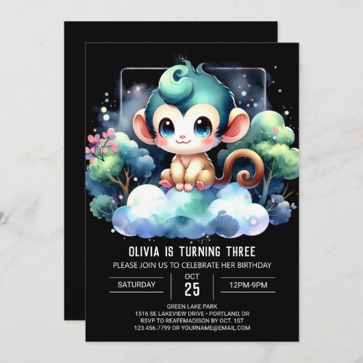 Whimsischer Affe Geburtstag Einladung (Vorne/Hinten)