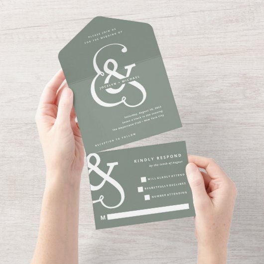 Whimsischer Ampersand | Sage Green Wedding All In One Einladung (Abreißen)