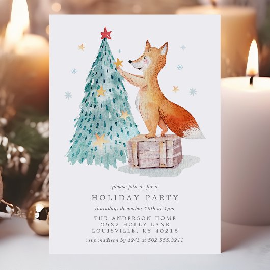Whimsischer Aquarellfox Weihnachtswald Urlaub Einladung