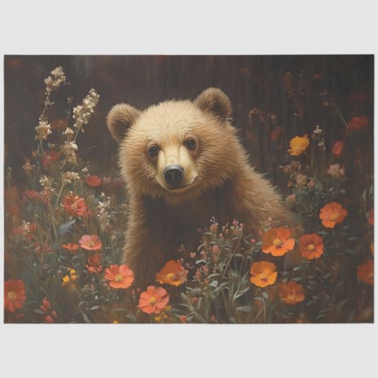Whimsischer Bär in einer Wildblume-Feld-Dekoupage Seidenpapier (Vorderseite)