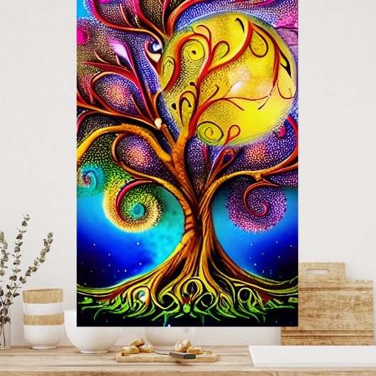 Whimsischer Baum des Lebens mit Vollmond Poster (Küche)