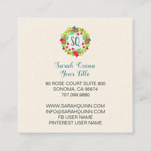 Whimsischer Blumenkranz Quadratische Visitenkarte (Rückseite)