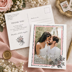 Whimsischer Blumenrahmen Foto Hochzeit Danke Postkarte