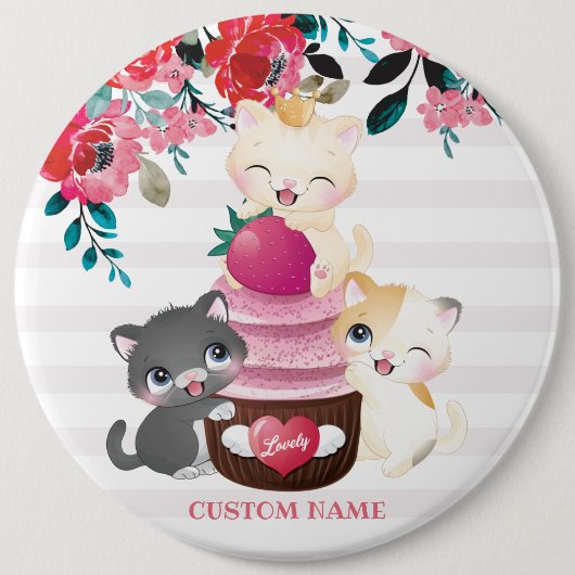 Whimsischer Cartoon Katzen Erdbeere Cupcake Button (Vorderseite)