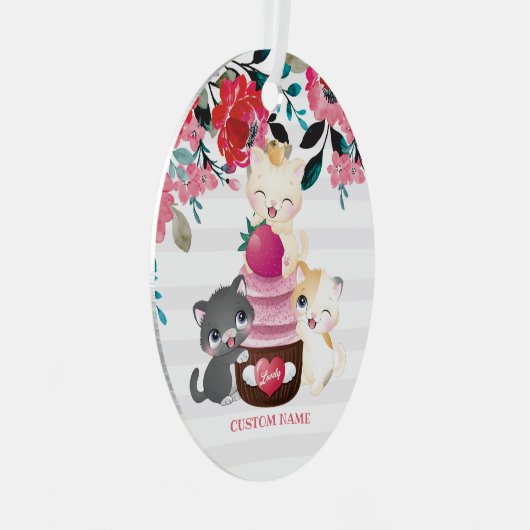 Whimsischer Cartoon Katzen Erdbeere Cupcake Ornament Aus Metall (Vorderseite Rechts)