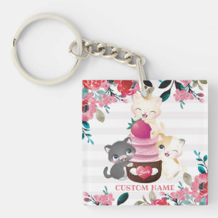 Whimsischer Cartoon Katzen Erdbeere Cupcake Schlüsselanhänger
