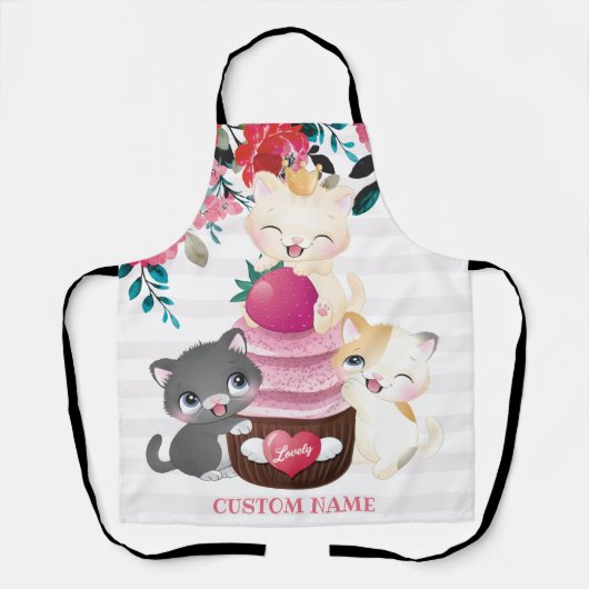 Whimsischer Cartoon Katzen Erdbeere Cupcake Schürze (Vorderseite)