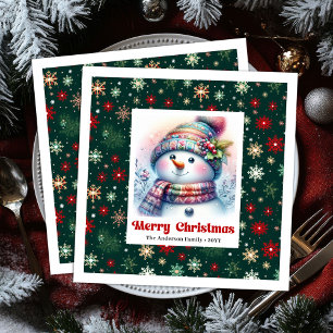 Whimsischer Cartoon-Schneemann mit Schneeflocken K Serviette