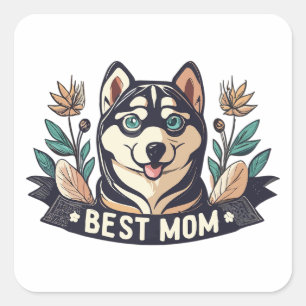 Whimsischer Cartoon Sibirische Husky Hund Mama Quadratischer Aufkleber