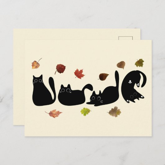 Whimsischer Cat Line Art mit Herbstleuten Postkarte (Vorne/Hinten)