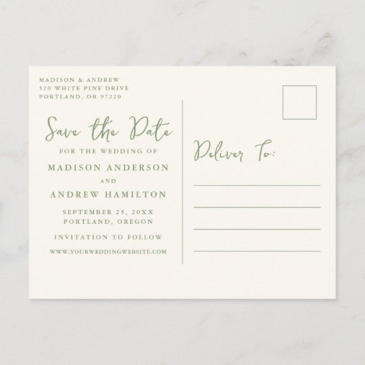 Whimsischer Champagnerturm Save the Date grün Ankündigungspostkarte (Rückseite)