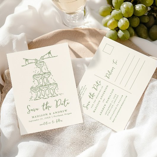 Whimsischer Champagnerturm Save the Date grün Ankündigungspostkarte