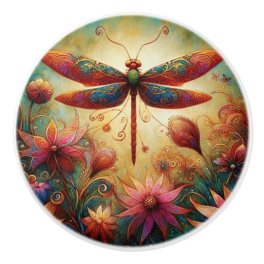 Whimsischer Drachenfliege Abstrakte Kunst Aquamari Keramikknauf (Vorderseite)