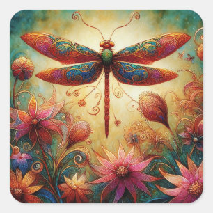 Whimsischer Drachenfliege Abstrakte Kunst Aquamari Quadratischer Aufkleber