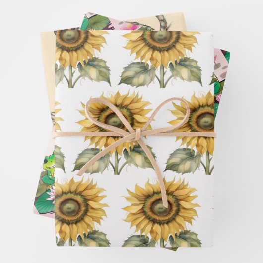 Whimsischer Fall, Sonnenblumen, Frösche, Katzenwit Geschenkpapier Set (Beispiel)