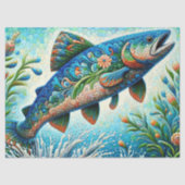 Whimsischer Floral Lachs Blauer Fisch Decoupage Seidenpapier (Vorderseite)