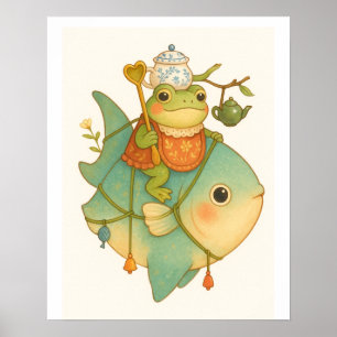 Whimsischer Frosch beim Fischen Poster