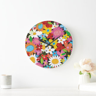 Whimsischer Frühling Blumen farbenfroher Garten Bl Große Wanduhr