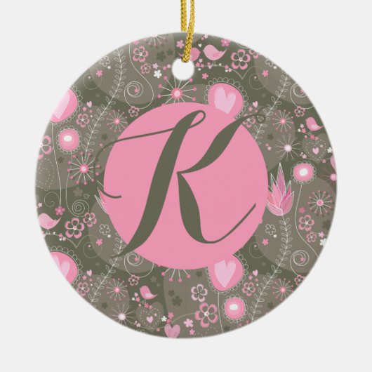 Whimsischer Garten Vögel Rosa Olive Monogram Lette Keramik Ornament (Vorne)