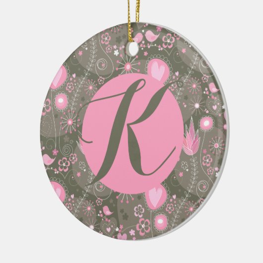 Whimsischer Garten Vögel Rosa Olive Monogram Lette Keramik Ornament (Links)