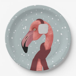 Whimsischer, gemütlicher Winter Flamingo mit Scarf Pappteller