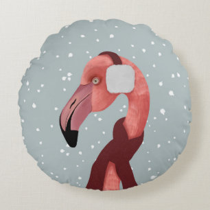 Whimsischer, gemütlicher Winter Flamingo mit Scarf Rundes Kissen
