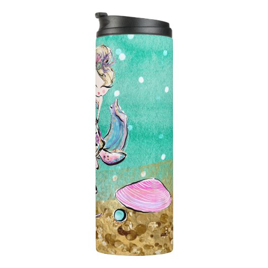 *~* Whimsischer Glitzer Meerjungfrau Meeresschildk Thermosbecher (Nach rechts gedreht)