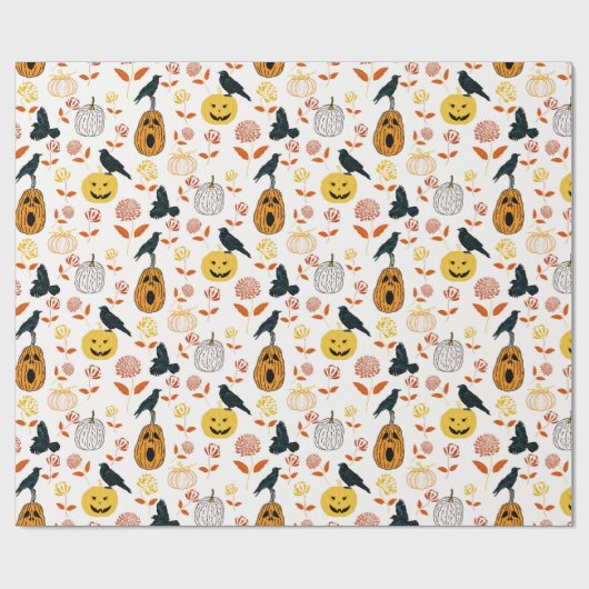 Whimsischer Halloween Kürbis raven Herbstflorchen Geschenkpapier (Flach)