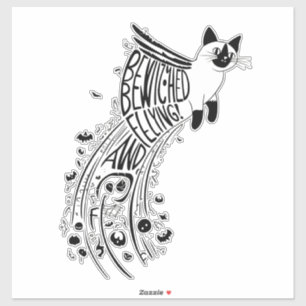 Whimsischer Halloween-Sar: Siamische Katze im Flug Aufkleber