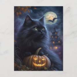 Whimsischer Halloween-Schwarze Katze und Vollmond Feiertagspostkarte