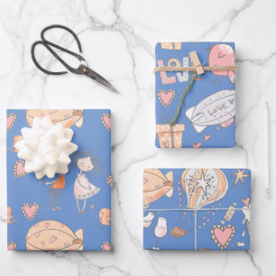 Whimsischer Heißluftballon niedlichen Paar Vögel b Geschenkpapier Set