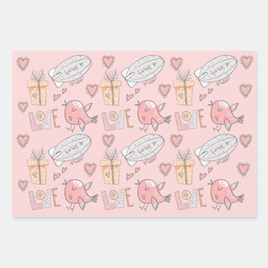 Whimsischer Heißluftballon niedliches Paar Vögel r Geschenkpapier Set (Vorderseite 2)