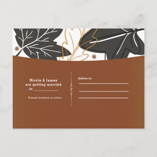 Whimsischer Herbst Herbstlaub Acorns Save the Date Ankündigungspostkarte (Rückseite)