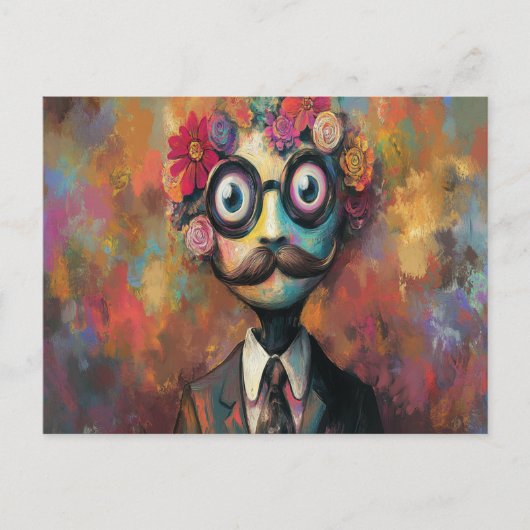 Whimsischer Humanoid mit großen Augen und Blumenha Postkarte (Vorderseite)